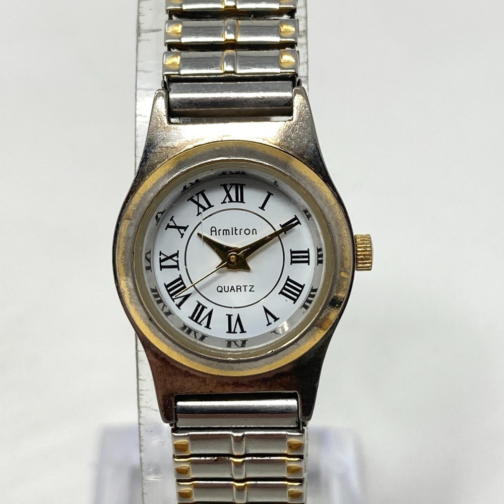 Vtg Armitron Watch Women 19mm Silver Gold Tone Stretch Band New Batt SMALL 5.75"